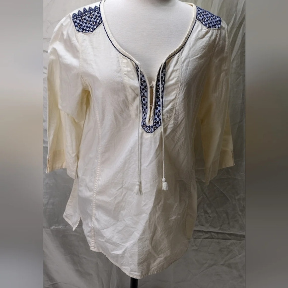 EDDIE BAUER 3/4 SLEEVE TIE NECK IVORY BLOUSE 100% COTTON SHIRT EMBROIDERY TOP LP - Picture 1 of 8